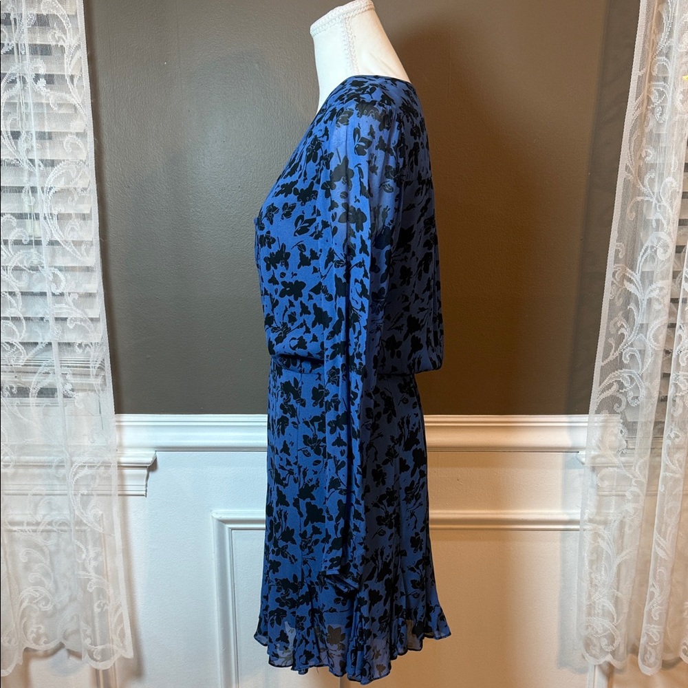 Karina Grimaldi Vicky Denim Floral Blue‎ Chiffon Mini Dress Long Sleeve M - Picture 3 of 11